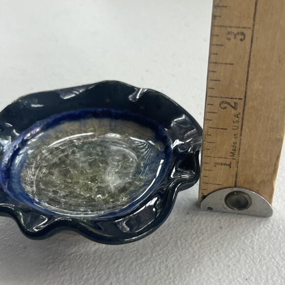 Art Studio Pottery Trinket Ring Dish Ashtray Blue Glaze Geode Crackle Glass - Picture 7 of 11